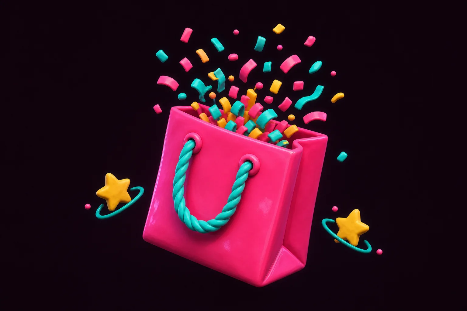 A glossy pink claymation shopping bag with confetti bursting out of the top