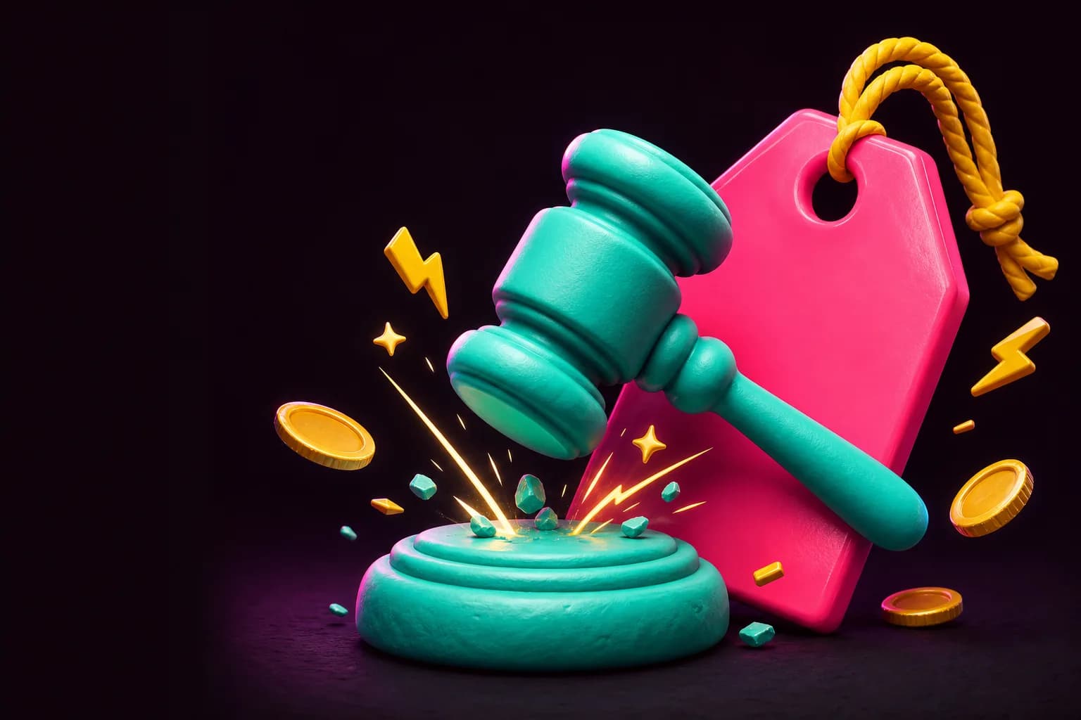 A claymation teal auction gavel striking next to a big pink price tag with coins and lightning bolts flying