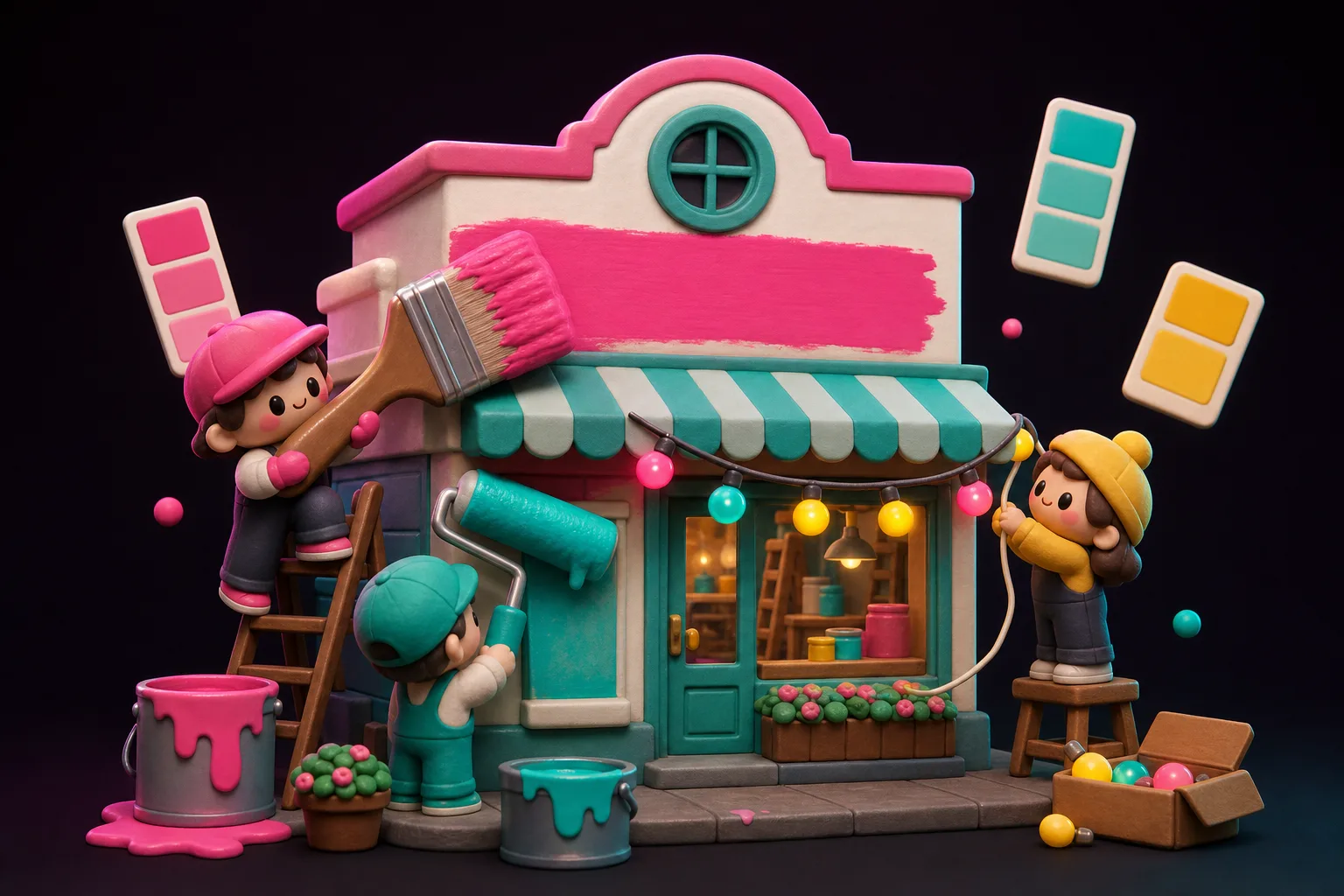 Tiny claymation characters painting and decorating a miniature storefront in pink and teal