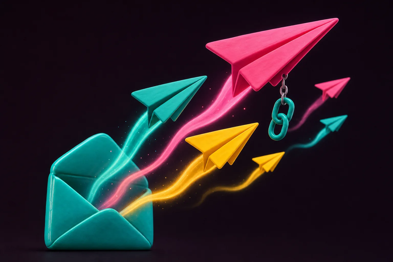 Colorful claymation paper airplanes flying out of an open teal envelope, one carrying a link charm