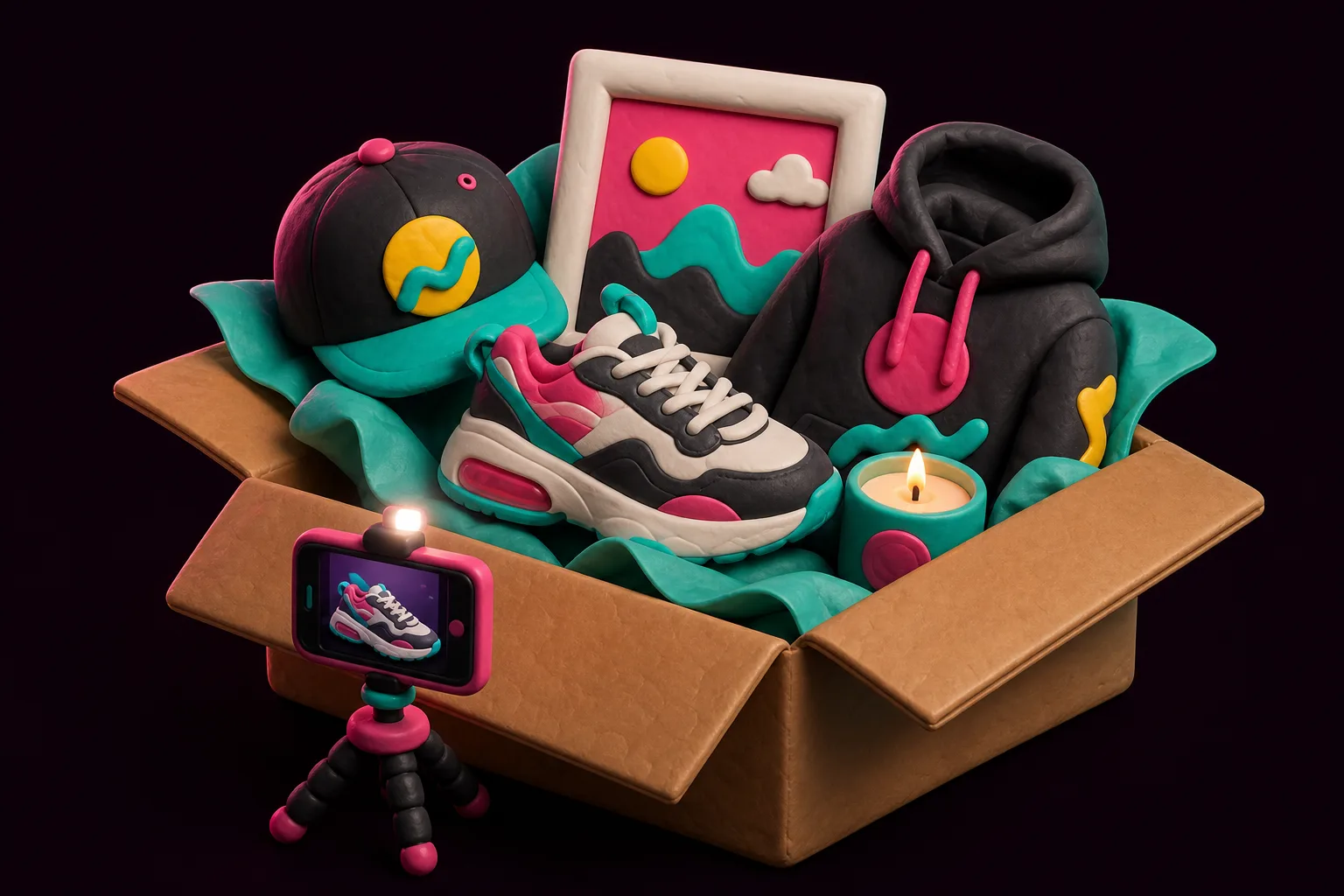 An open shipping box full of claymation products with a tiny phone on a tripod photographing a sneaker