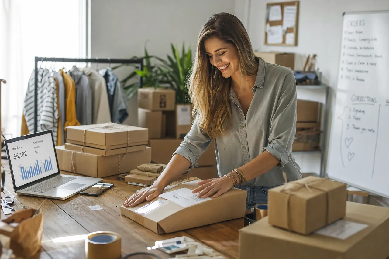 Creator happily packing orders into shipping boxes with a sales dashboard nearby