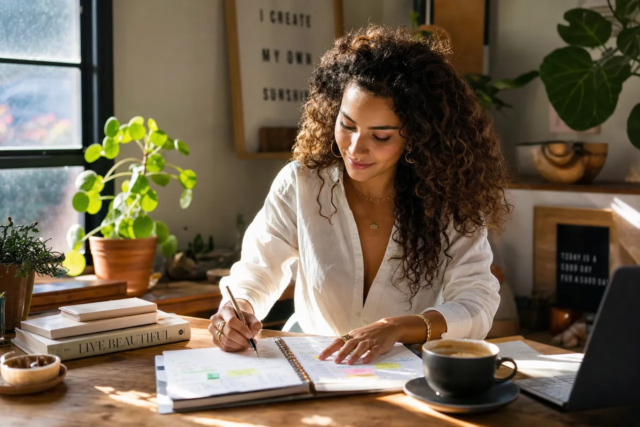 Creator planning a drop with a notebook and calendar in a sunlit home studio