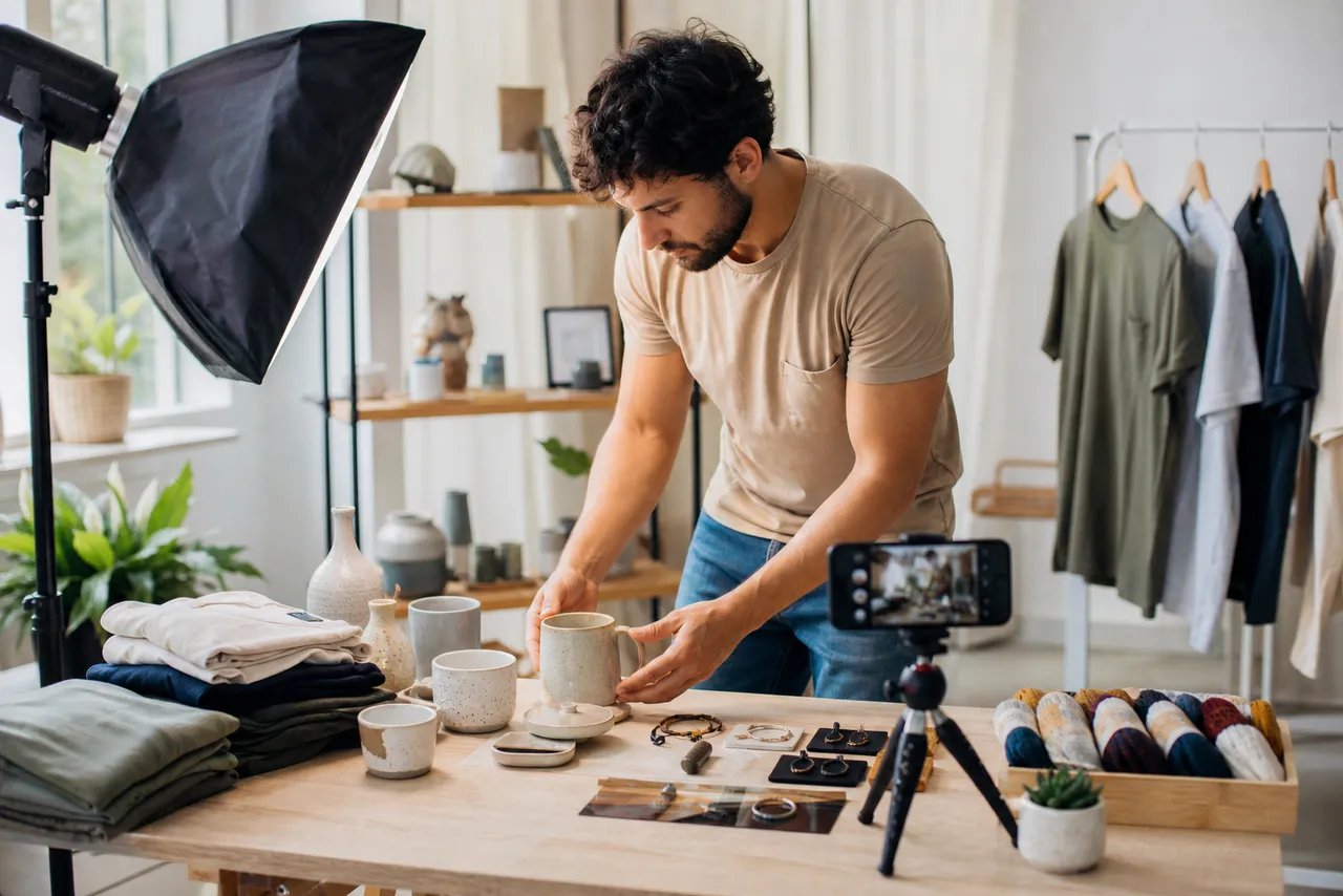 Creator photographing and arranging handmade products under a studio light