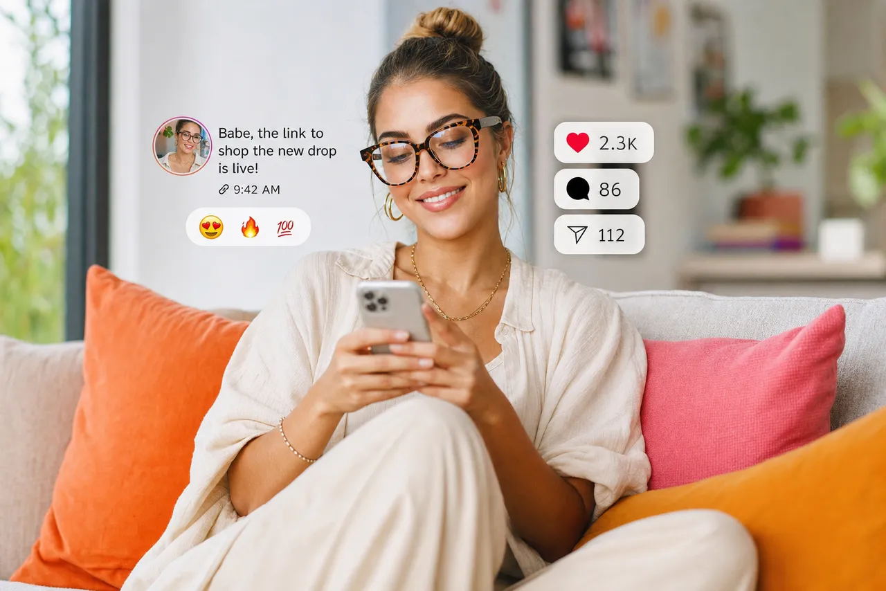 Creator sharing their shop link from a phone with social engagement around her